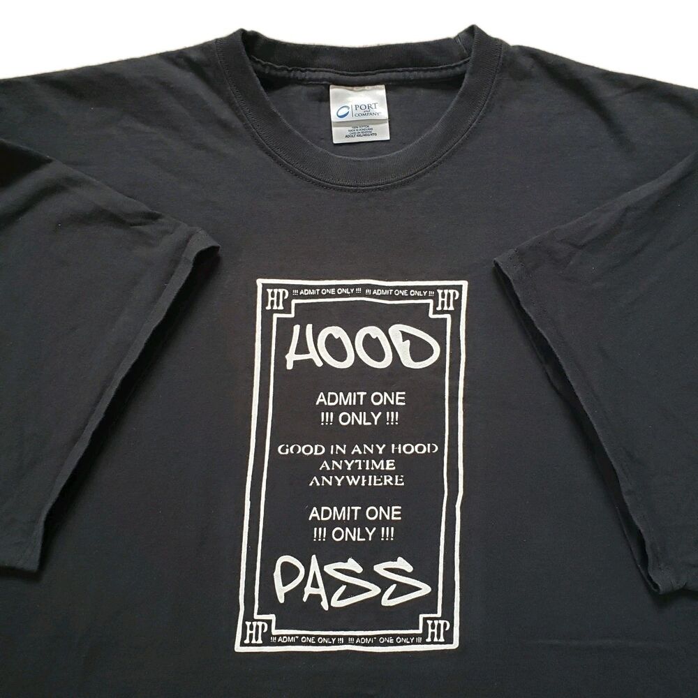 Vintage Y2K Hood Pass Ticket Size 4XL Mens Black T-Shirt Hip Hop Funny Admit One